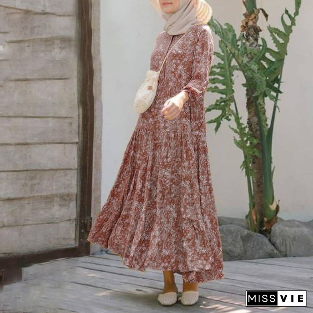 ZANZEA Women Muslim Elegant Baggy Kaftan Flota Robe Printed Abaya Holiday Dubai Islam Long Maxi Shirt Dress