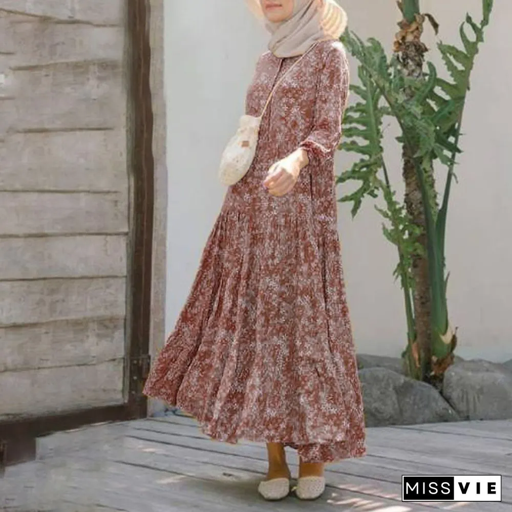 ZANZEA Women Muslim Elegant Baggy Kaftan Flota Robe Printed Abaya Holiday Dubai Islam Long Maxi Shirt Dress