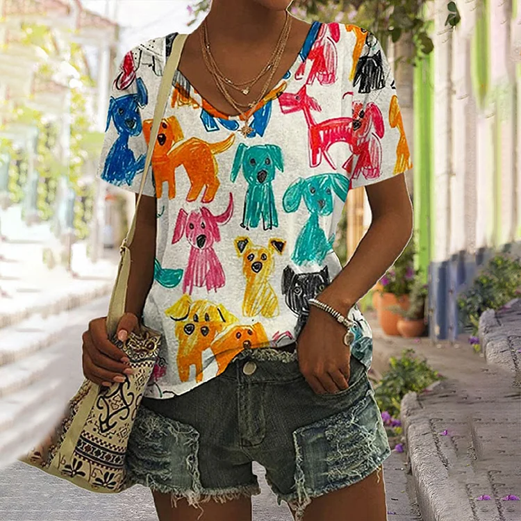 Women's Dogs Print V Neck T-Shirt