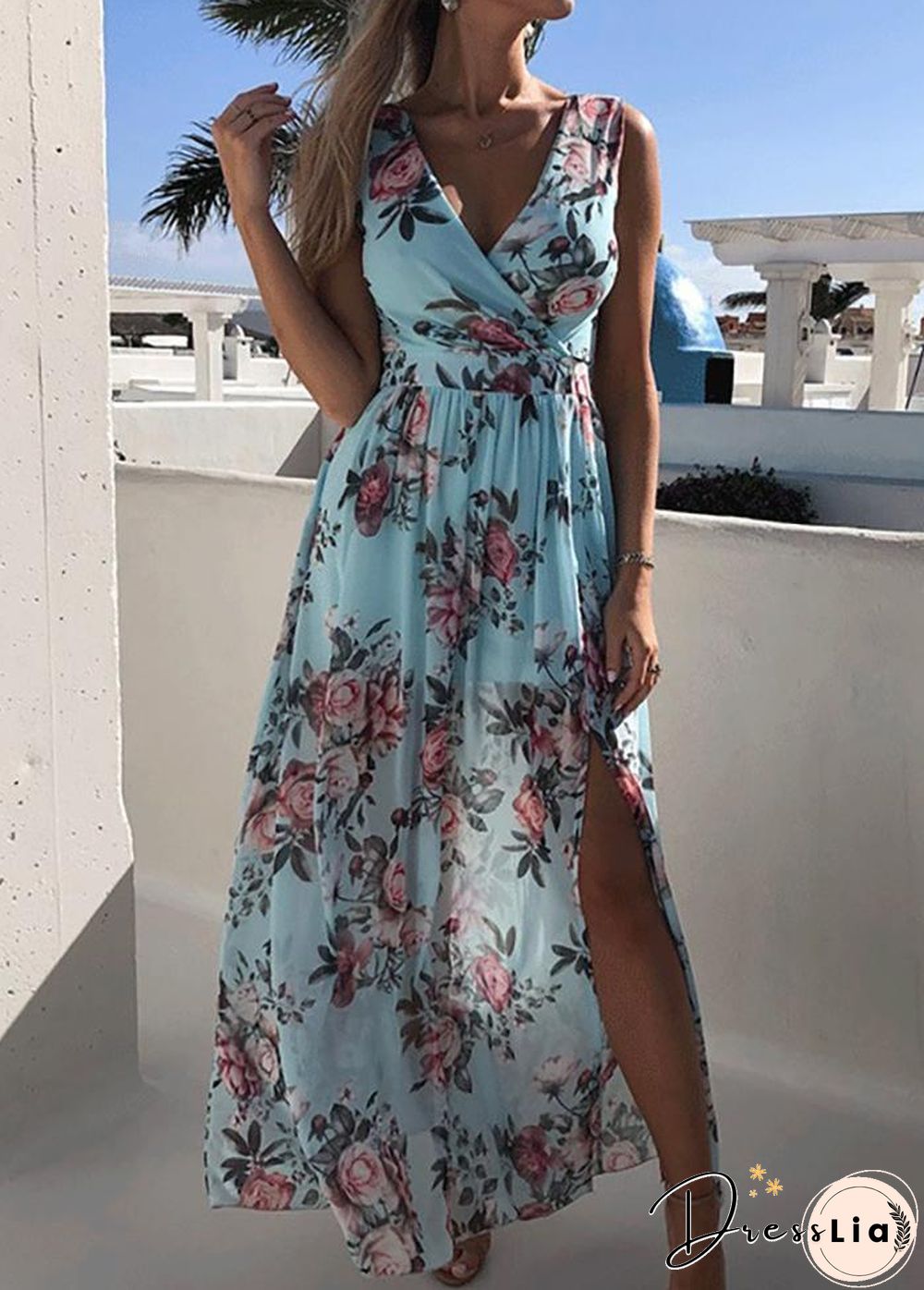 Printed Side Split V Neck Sleeveless Dress