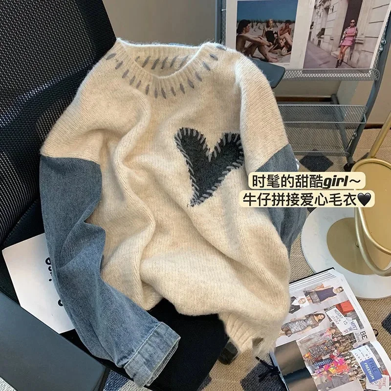 Nncharge Women Denim Patchwork Sweater Long Sleeve O-Neck Loose Heart Chic Pullovers Simple Knitted Autumn Winter 2024 New Knitt Jumpers