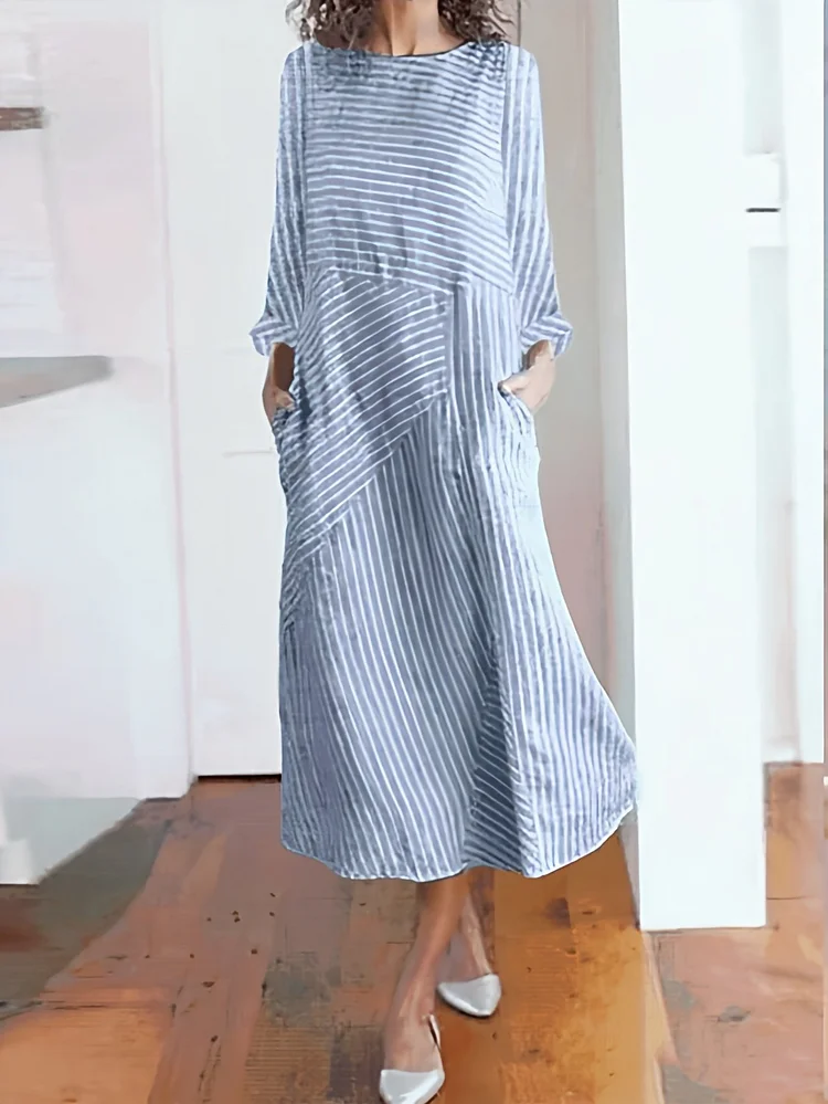 Women's Casual Solid Color Round Neck Long Sleeve Striped Print Dress