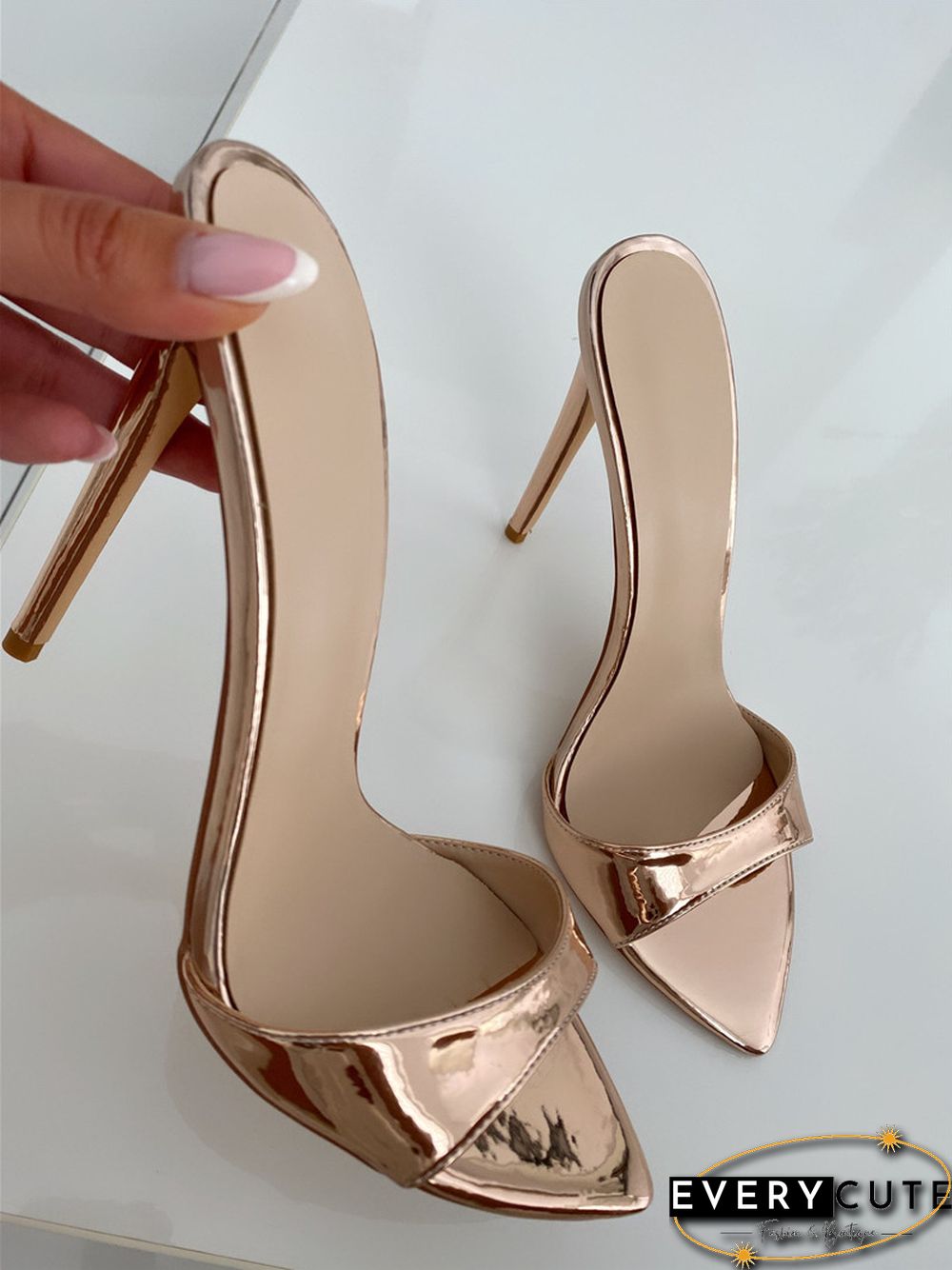 Onlymaker Women's Peep Toe Mules Gold Slip On Thin High Sandals Big Size Classic Fashion Lady Sandals