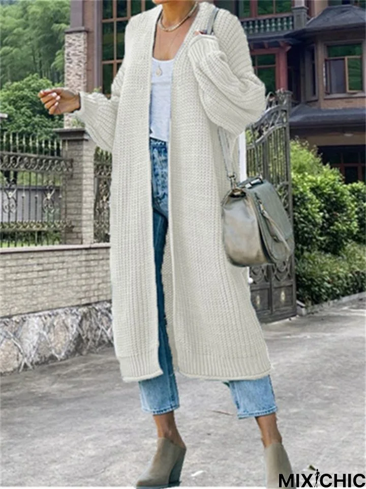 Curled Coarse Thread Solid Long Knitted Coat