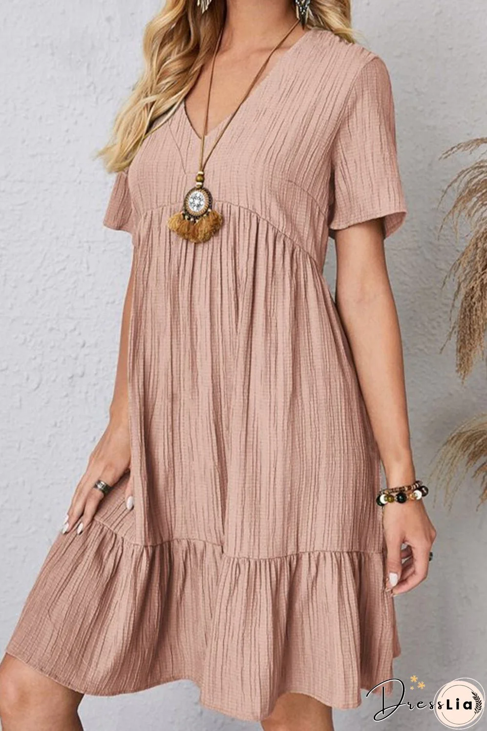 Full Size Ruched V-Neck Short Sleeve Dress