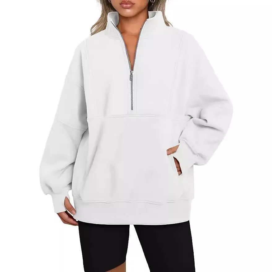 Nigikala Nigikala Women's Pocket Half-Zip Loose Leisure Splicing Collar Plus Velvet