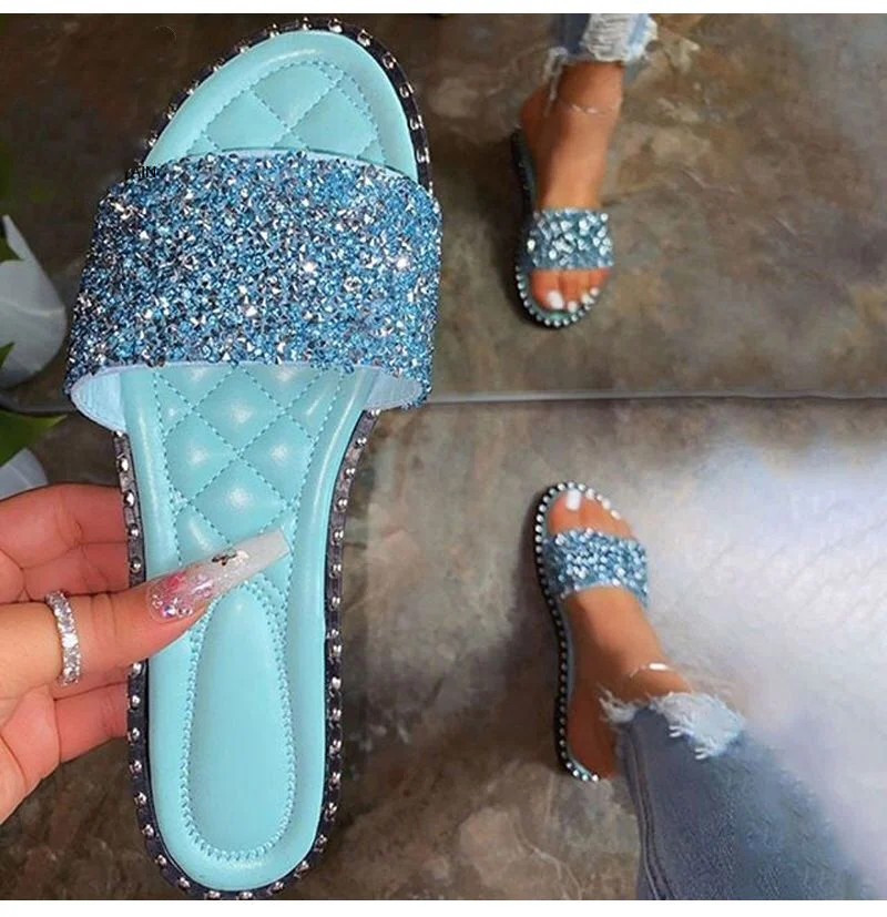 Womens Crystal Slippers Ladies Bling Flats Female Outdoor Beach Shoes Female Footwear Women Summer Slides Plus Size 35-43