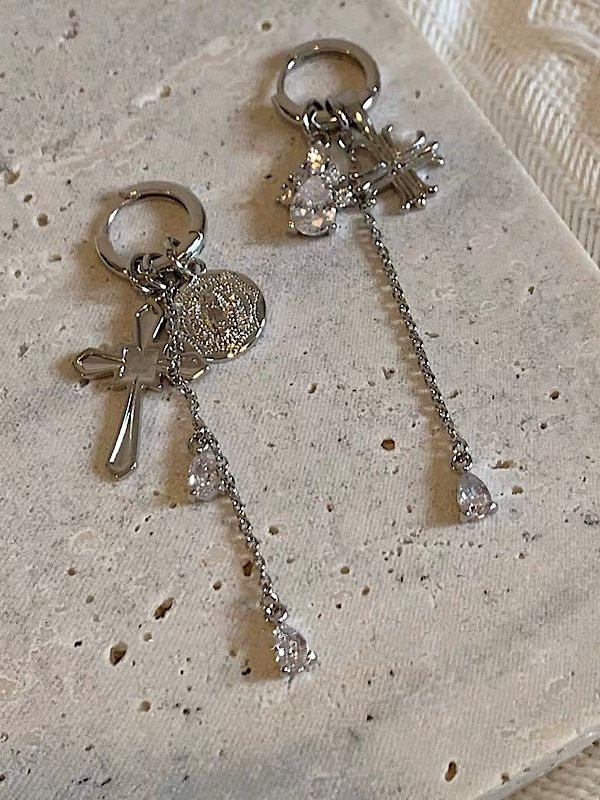 Cross Pendant Fringed Rhinestone Silver Earrings