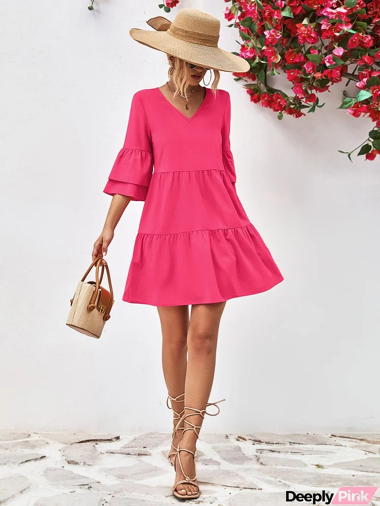 V-Neck Flare Sleeve Mini Dress