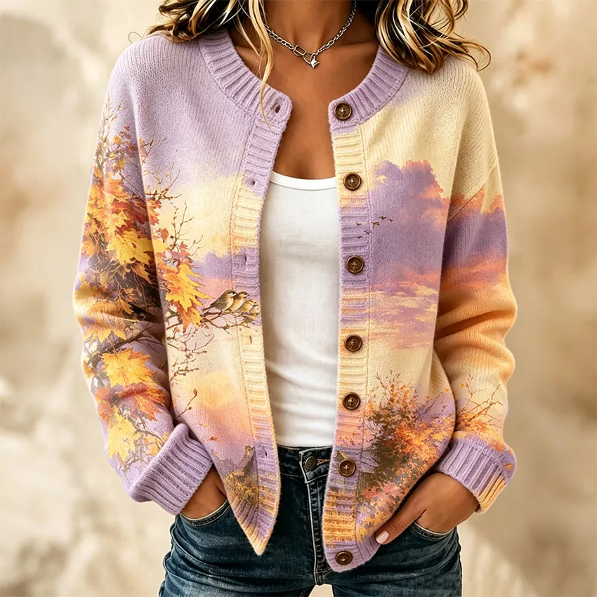 Comstylish Women's Vintage Floral And Bird Print Knit Cardigan Sweater