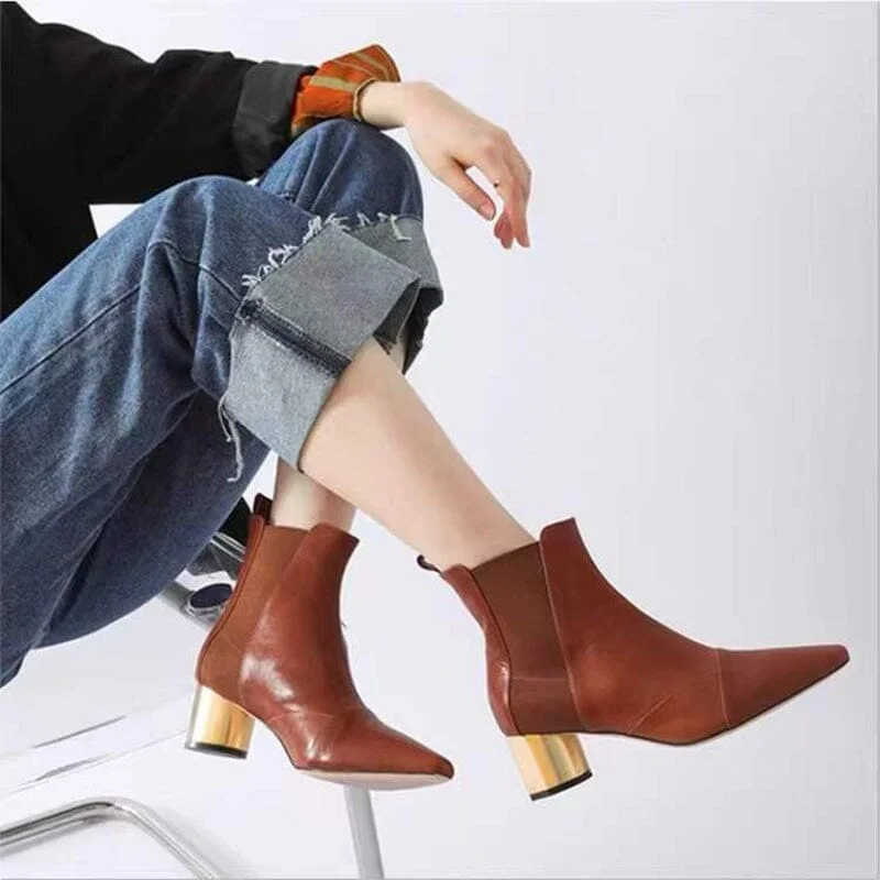 Elastic Band Chelsea Boots Pointed Toe heeled Boots Genuine Leather Pumps Boots/Booties