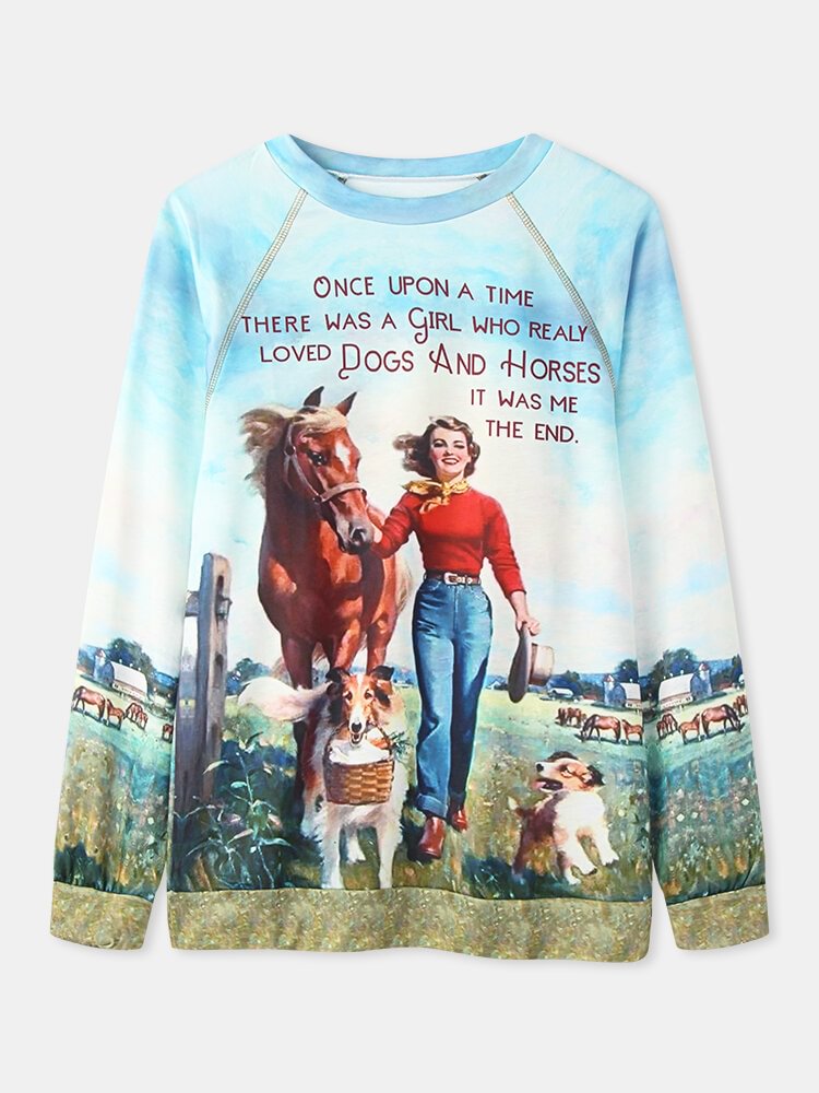 Illustration Print O neck Long Sleeve Casual T shirt for Women P1796103