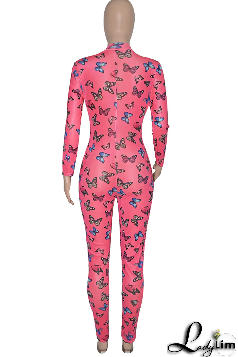 Rose Red Sexy Butterfly Print Patchwork Zipper Collar Skinny Jumpsuits