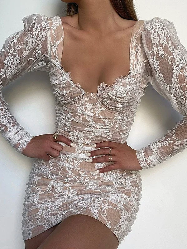 Long sleeve lace ruched dress