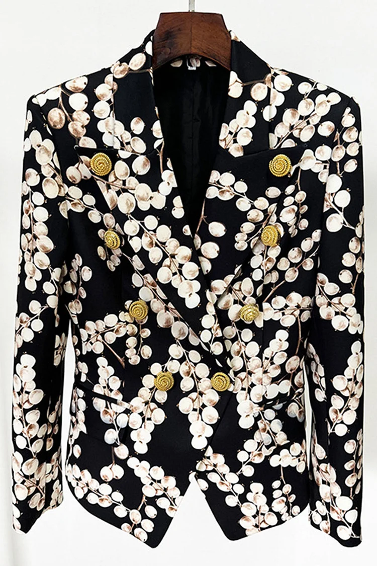 Redcurrant Print Metal Snail Button Two Piece Pant Suit-Black