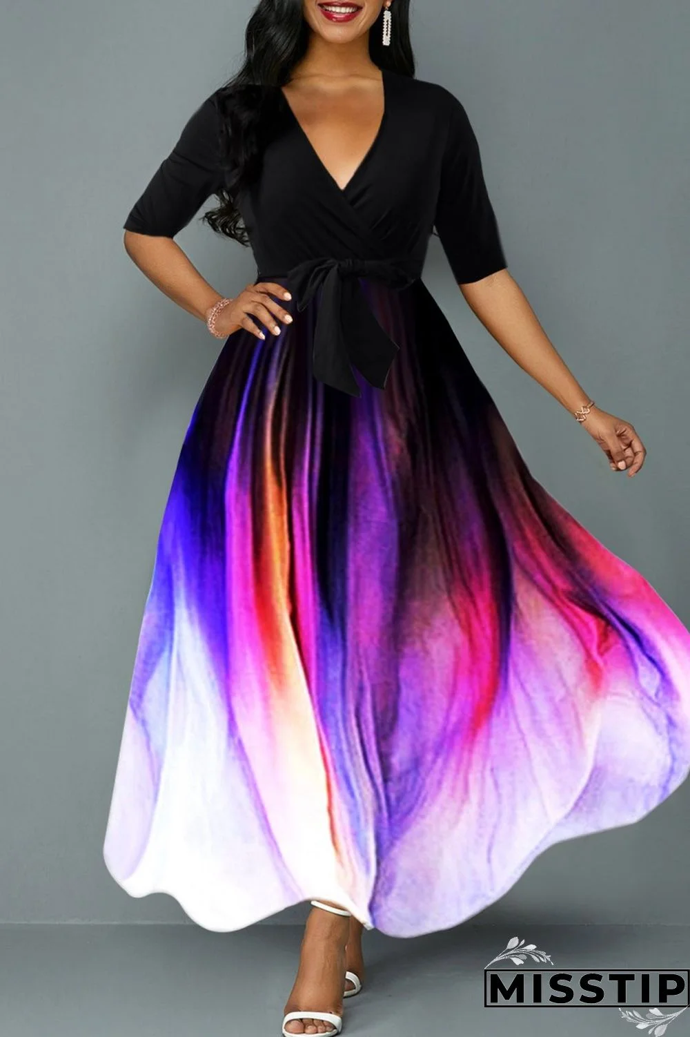 Colour Casual Print Patchwork V Neck Long Dress Dresses