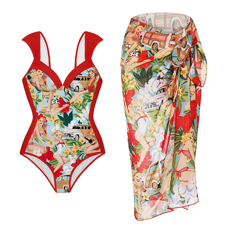 Retro Printed Red One Piece Swimsuit and Sarong Flaxmaker
