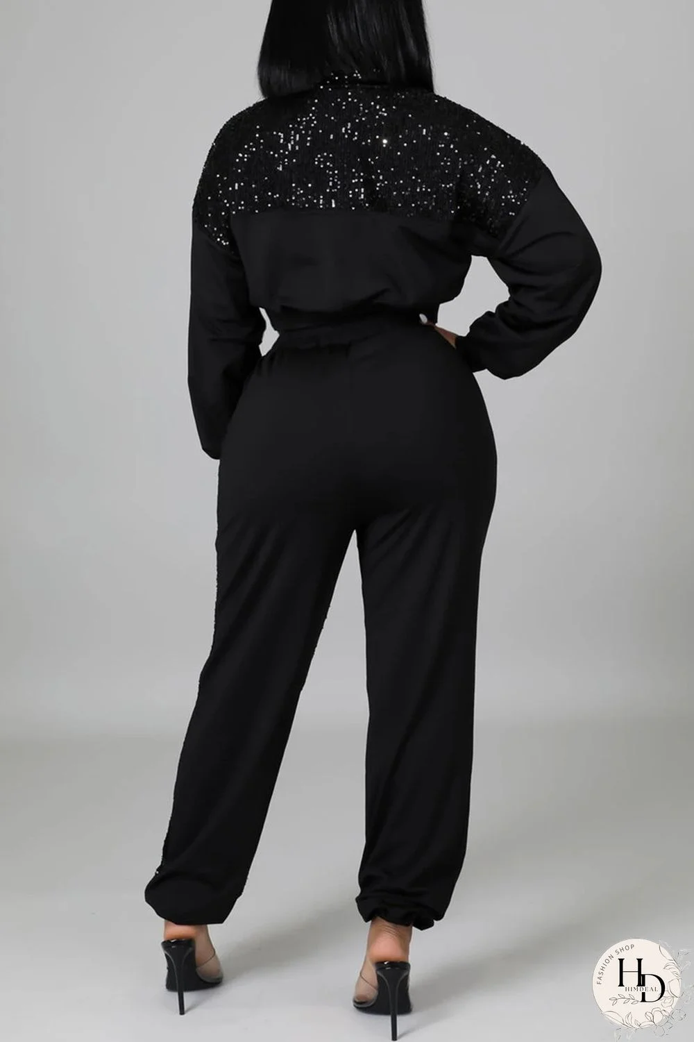 Black Fashion Casual Patchwork Sequins Zipper Collar Long Sleeve Two Pieces