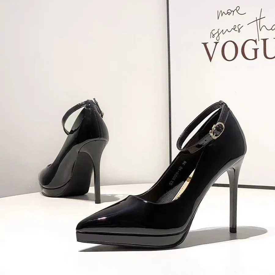 Breakj Breakj Patent Leather Buckle Super High Heel Sexy Name Waterproof Table High Heel Fine Temperament Working Shoes