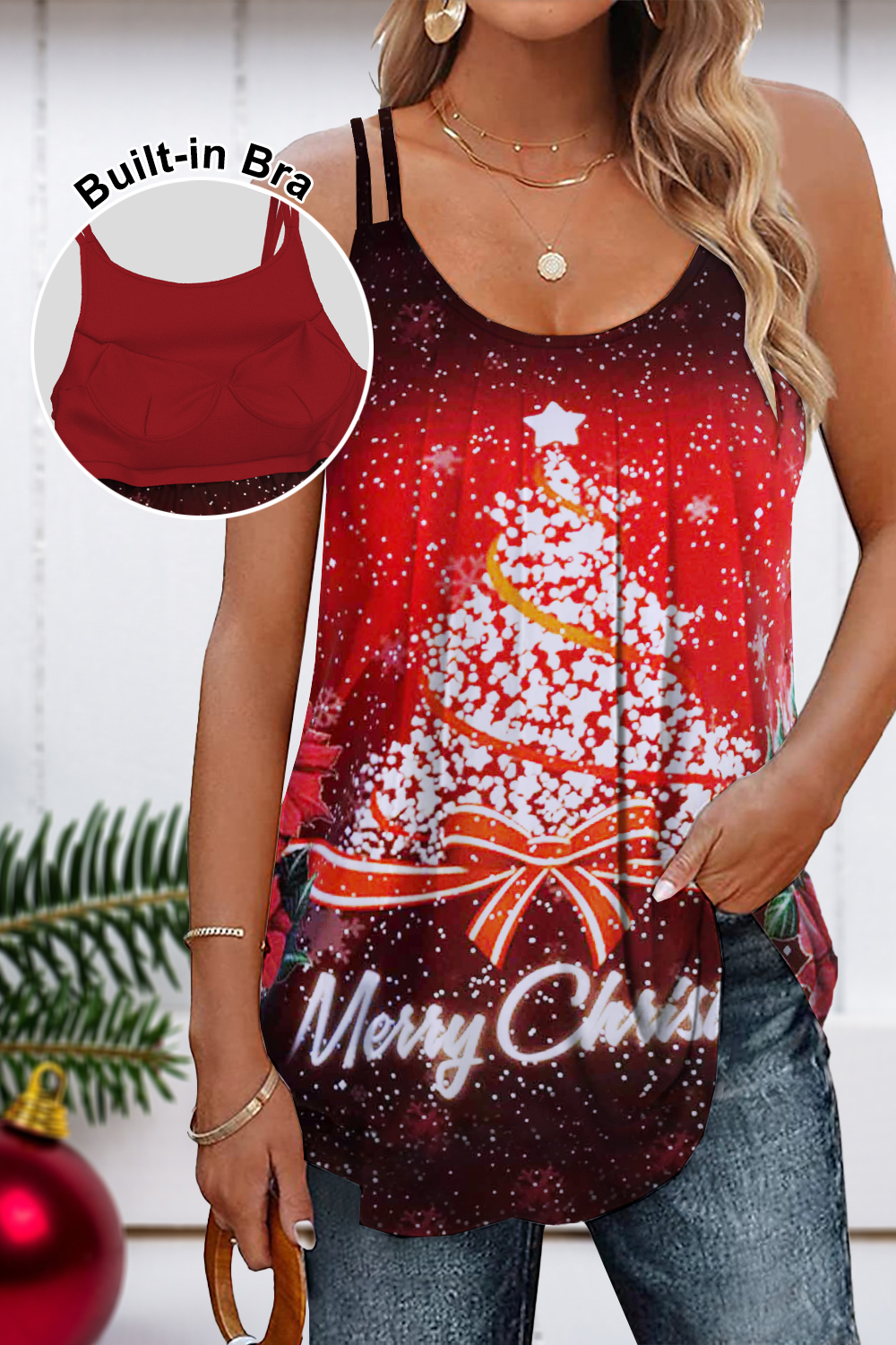 Flycurvy Plus Size Christmas Red Bow Sparkly Christmas Tree Print Cami With Built In Bra 2024 - Flycurvy 