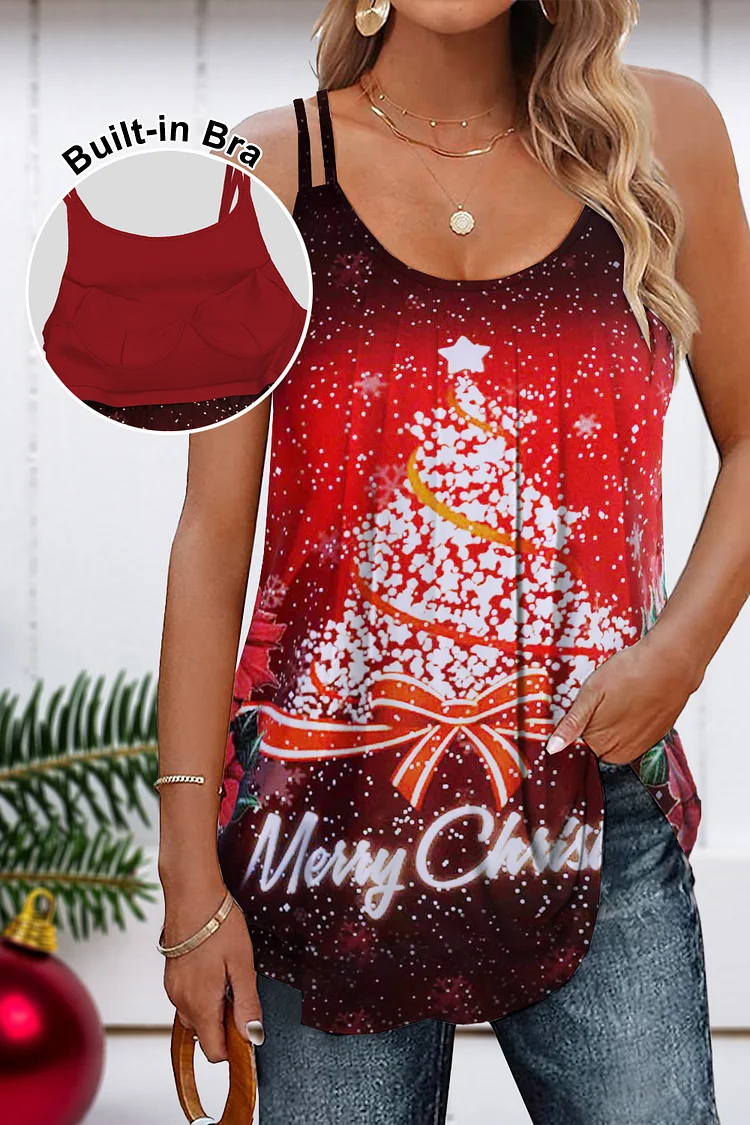 Flycurvy Plus Size Christmas Red Bow Sparkly Christmas Tree Print Cami With Built In Bra  Flycurvy [product_label]