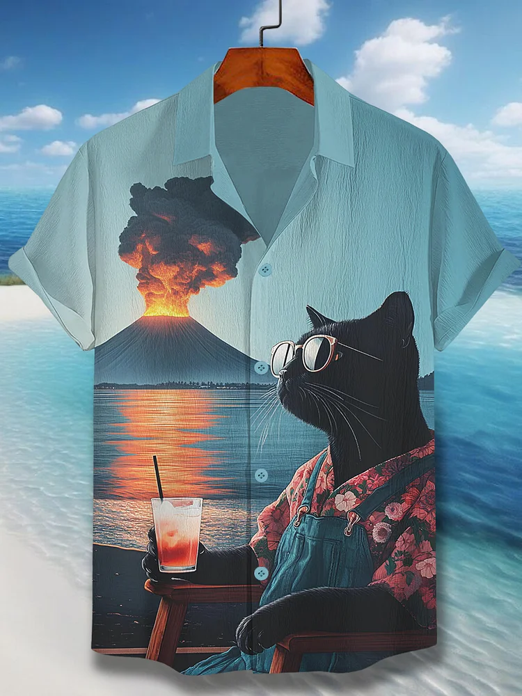 Men's Black Cat Drinks Juice Volcano Eruption Art Print Casual Shirt