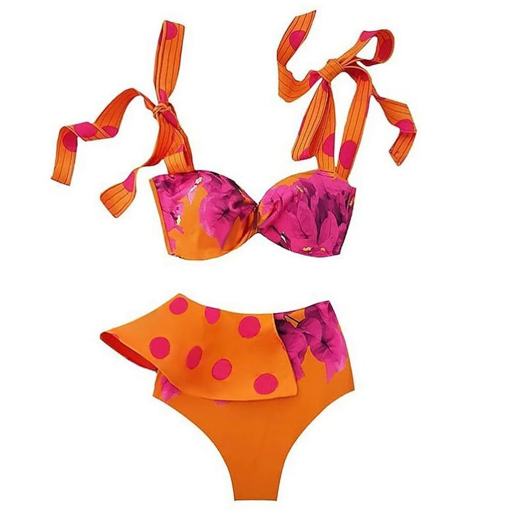 2021 New Sexy Bikini Set High Waist Print Dots Floral Swimsuit Strappy Swimwear Women Bathing Suit Summer Beach Wear biquini