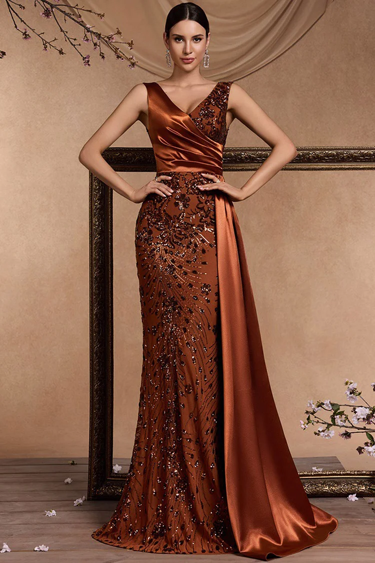 Sequin Embroidery Satin Drape Mermaid Maxi Dress-Rust Red