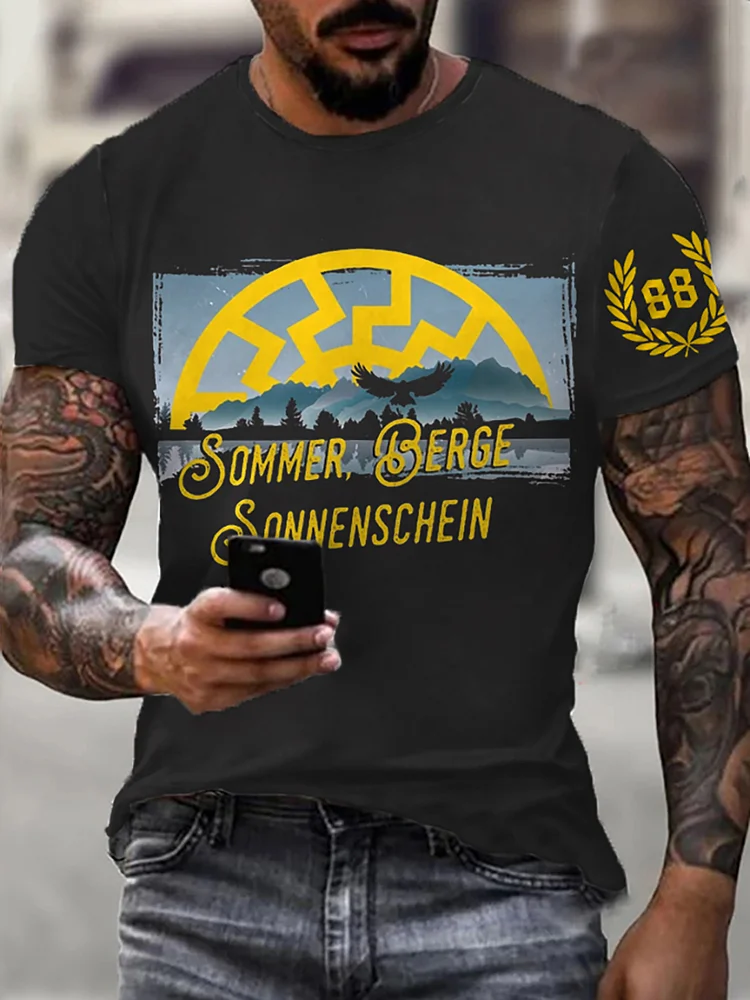 Männer Sonne und Nummer  bedrucktes Kurzarm-T-Shirt
