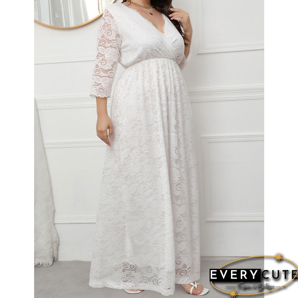 White V-Neck Lace Plus Size Dress