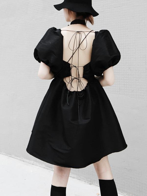 Black Backless Empire Bandage Puff Sleeves Dress