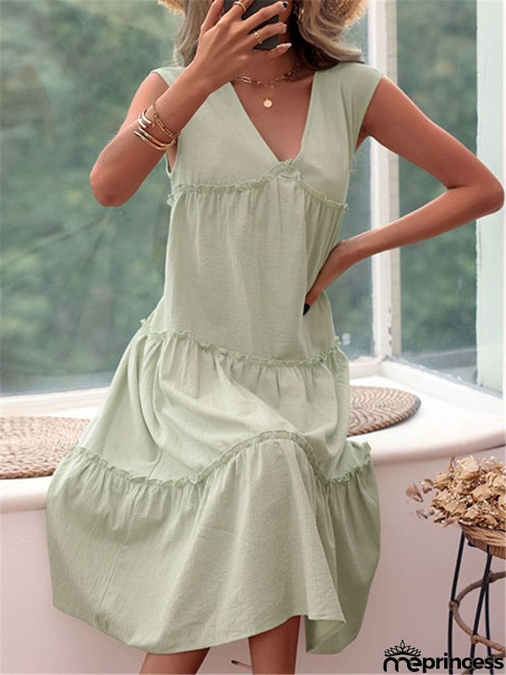 Sleeveless V-Neck Linen Light Green Dress