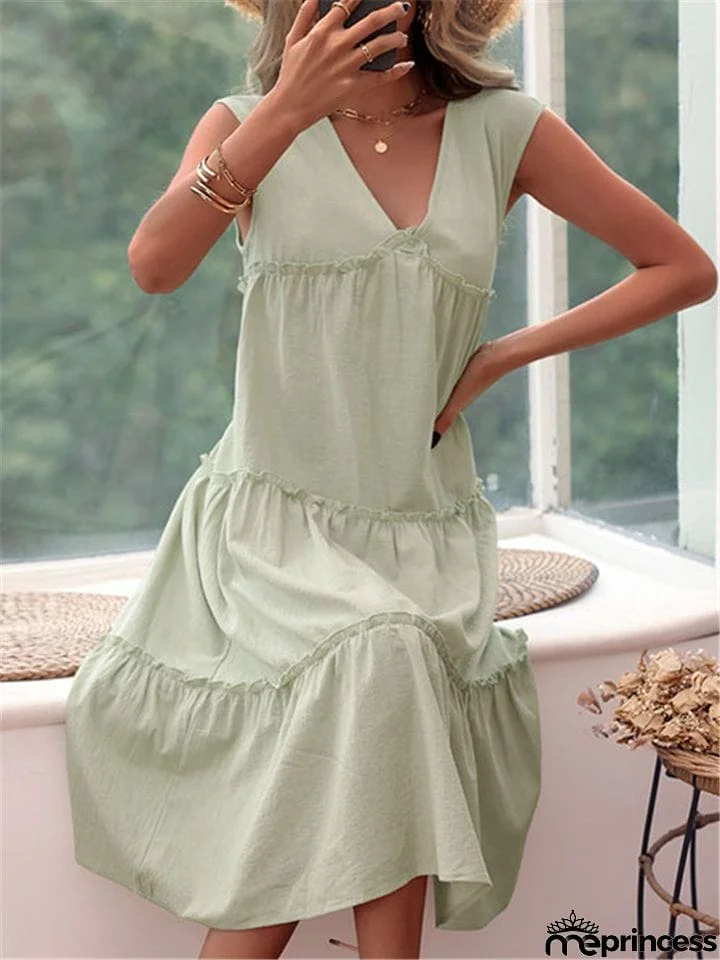 Sleeveless V-Neck Linen Light Green Dress