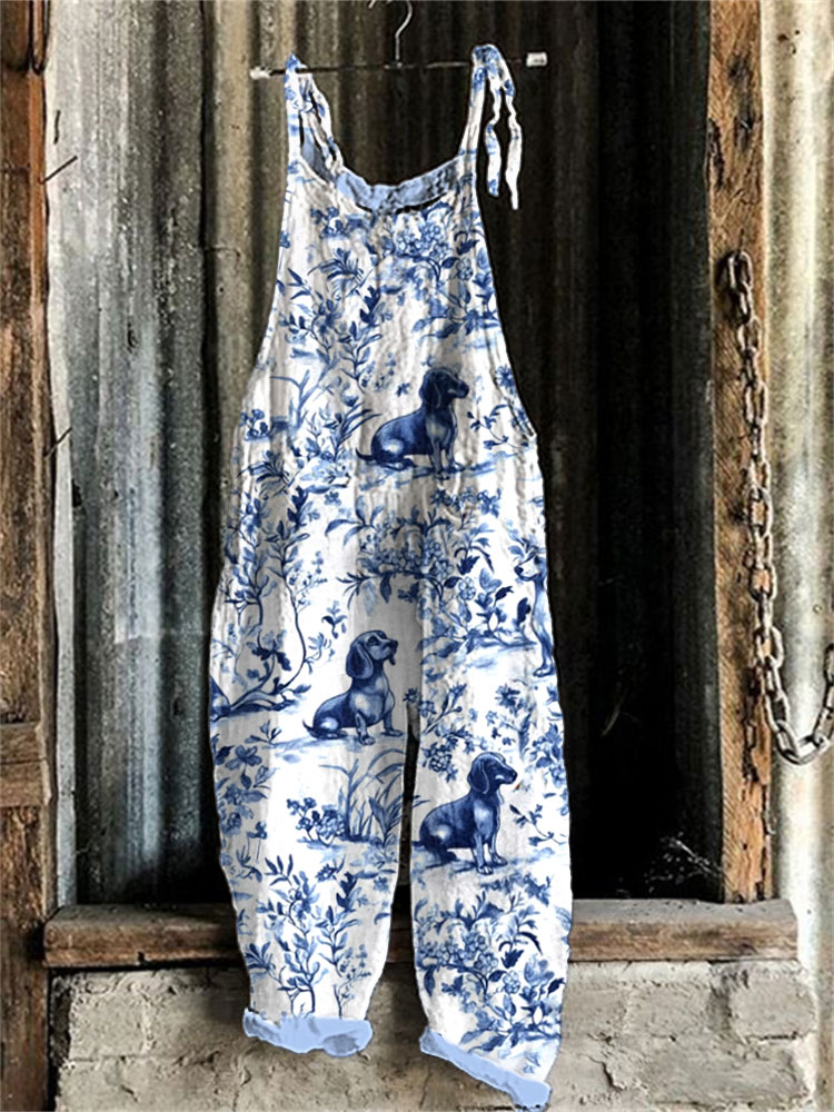 Women's Retro Funny Denim Patch Animal Dog Print Casual Overalls wearshes