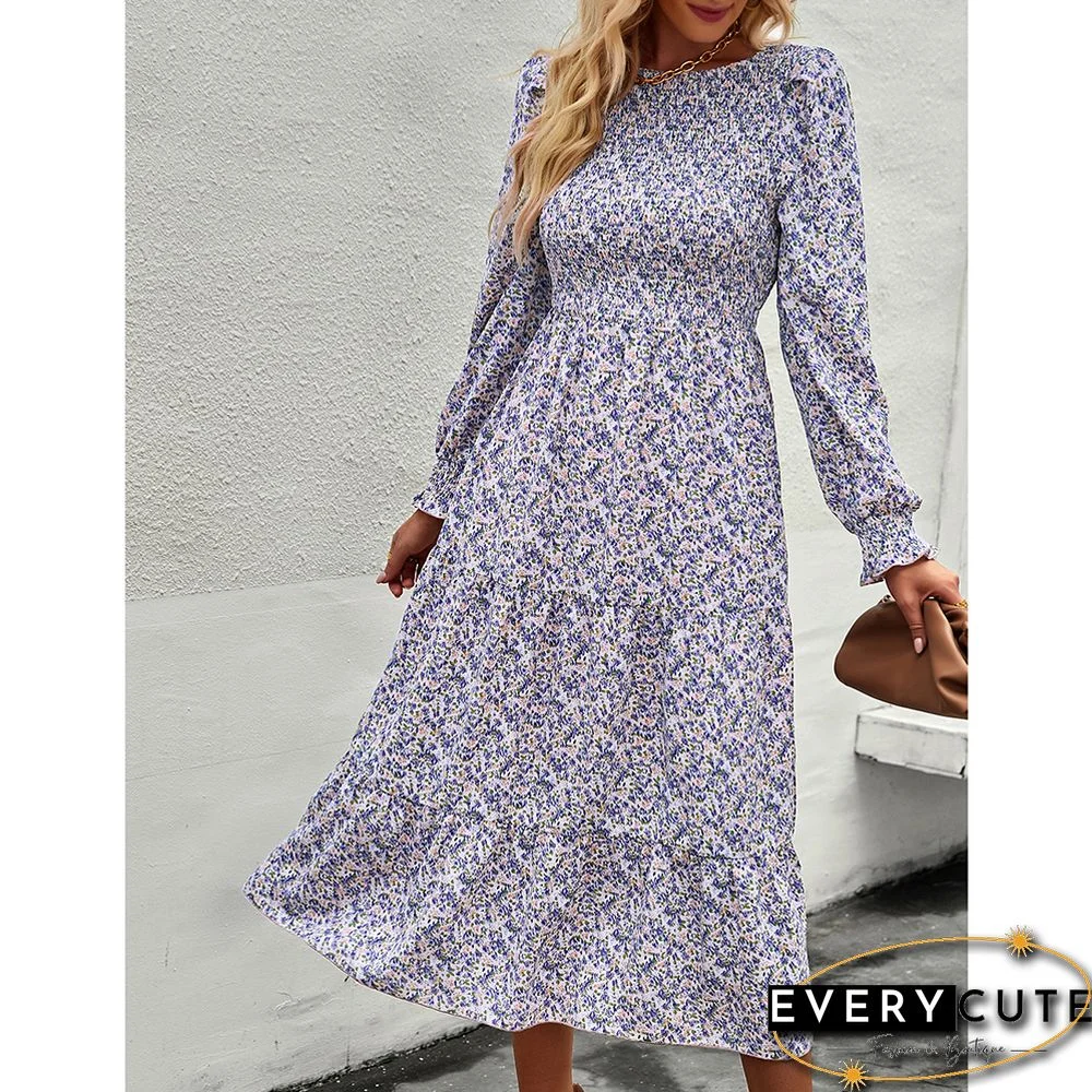 Purple Long Sleeve Pleated Midi Floral Dress