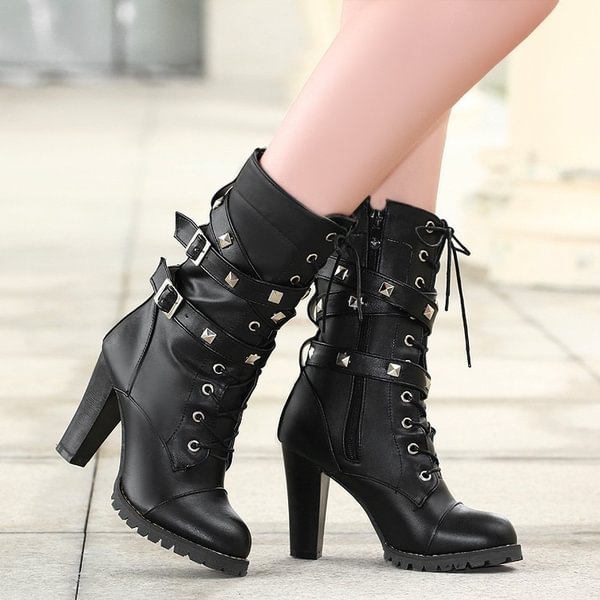 2018 Punk Style Women Mid Calf Leather Rivet Boots Chunky High Heel Winter Sexy Platform Lace Up Motorcycle Boots Plus Size 34-47 - Shop Trendy Women's Clothing | LoverChic