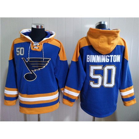 Men's St. Louis Blues #50 Jordan Binnington Blue Ageless Must-Have Lace-Up Pullover Hoodie NQQY