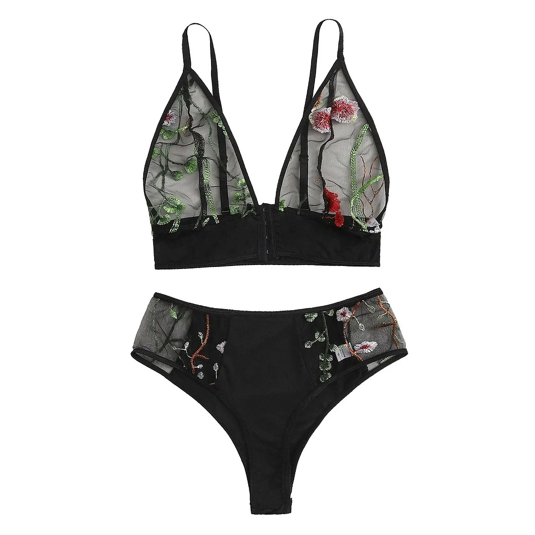 Floral Embroidery Sexy Lingerie Ladies Sexy Mesh See-through Underwear Women Set Lenceria Sensual Mujer Two-piece Women Sets Hot
