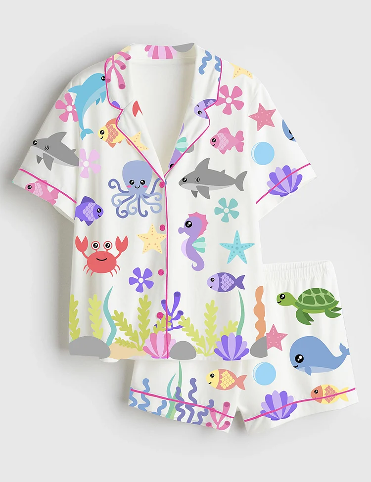 Women&rsquo;s Cute Ocean Sea Animals Starfish Whale Octopus Shark Fish Turtle Seaweed Print Short Sleeve Satin Pajama Set