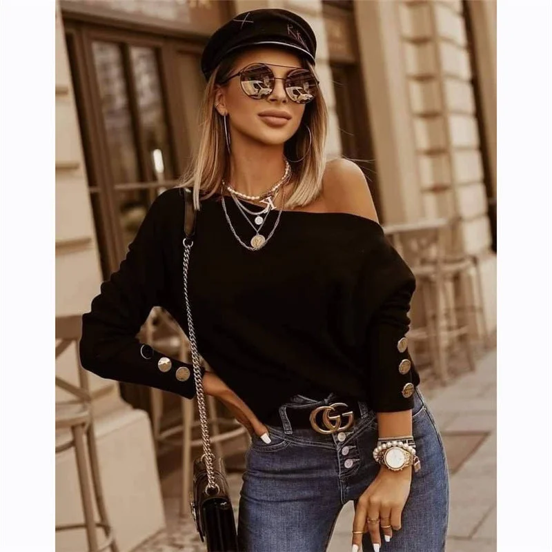 Uveng Regular Sleeve Women's Shirt Off-neck Button T-shirt