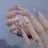 Bayuyun 24Pcs/Set Coffee Leopard French Fake Nails with Diamonds Japan Korean Artificial Acrylic Press on Nails Removable Stick on Nails