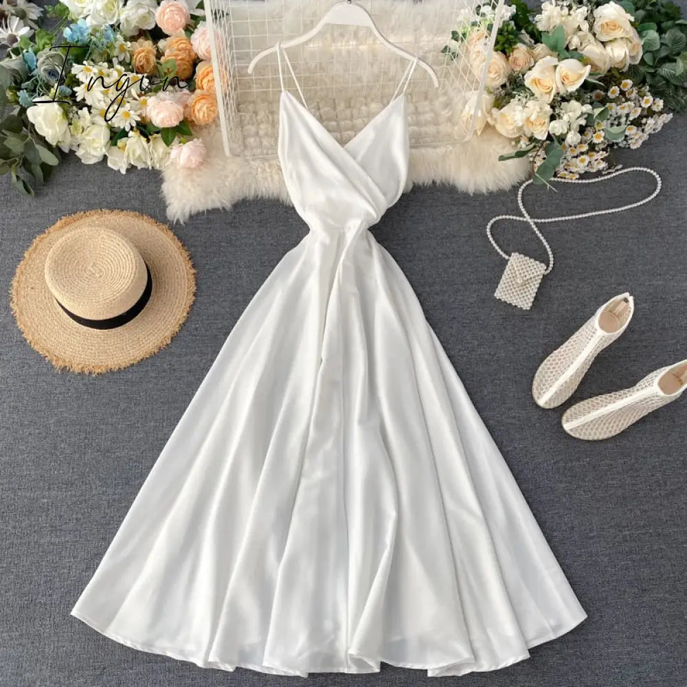Ingvn - Boho Slim V Neck Summer Bandage Backless Maxi Long Dress Women Casual Spaghetti Strap Party