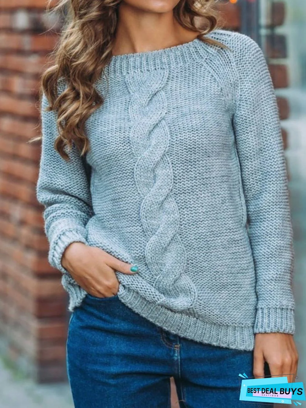 Cotton-Blend Long Sleeve Casual Sweater