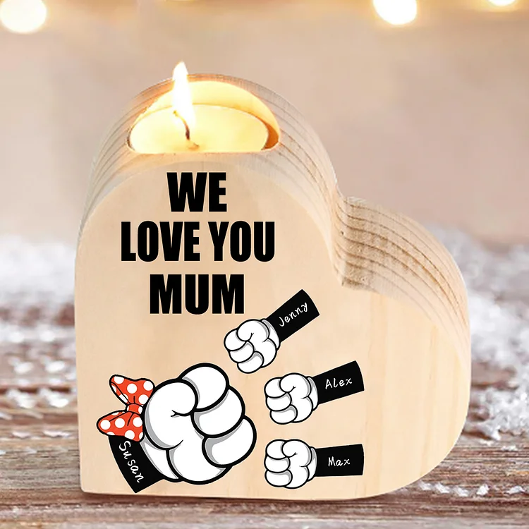 4 Names-Personalized Fist Bump Heart-Shape Candlestick Custom Text  Mother's Day Gift Wooden Custom Candle Holder For Mum