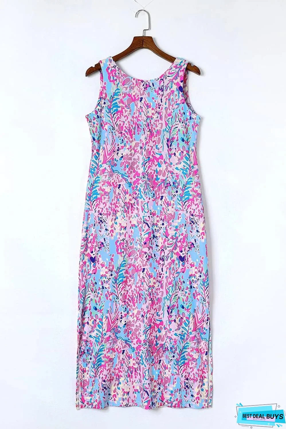 Purple Abstract Floral Print Sleeveless Maxi Dress