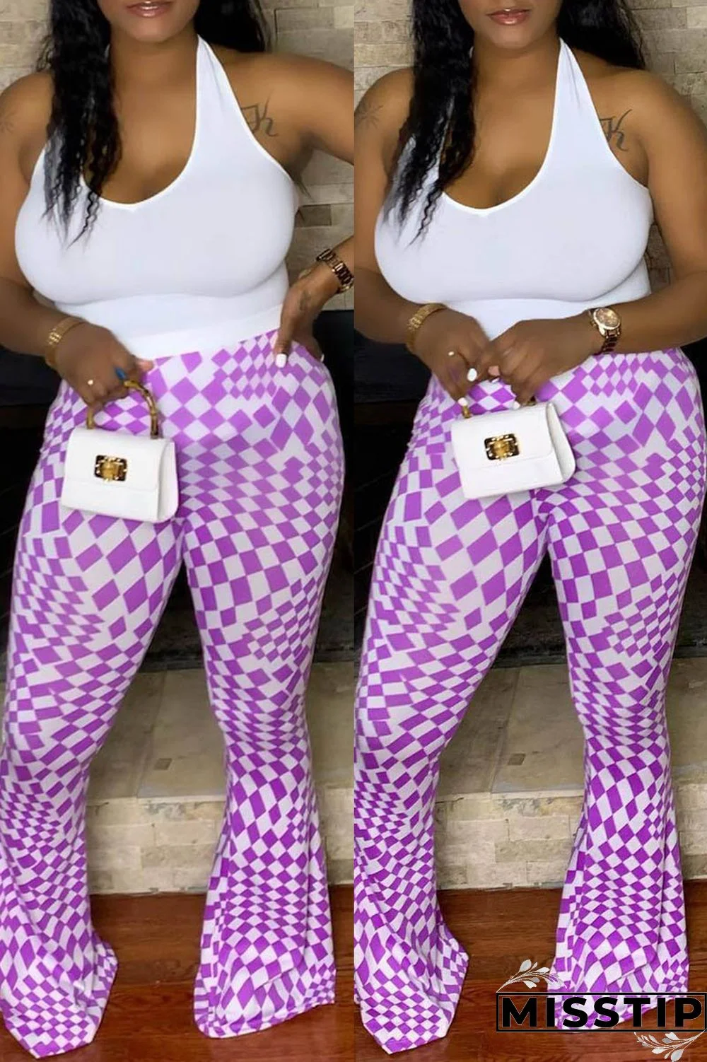Purple Casual Print Basic Plus Size High Waist Trousers