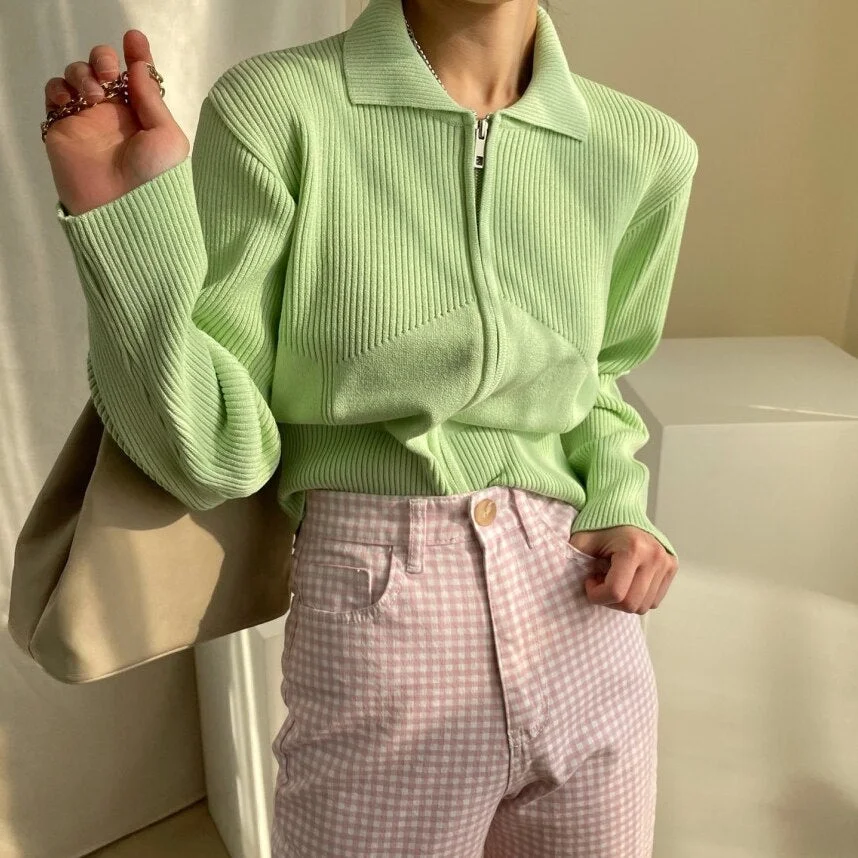 Syiwidii Knitting Cardigan Sweaters Woman Autumn Winter 2021 Korean Double Zipper Long Sleeve Turn-down Collar Tops Green White