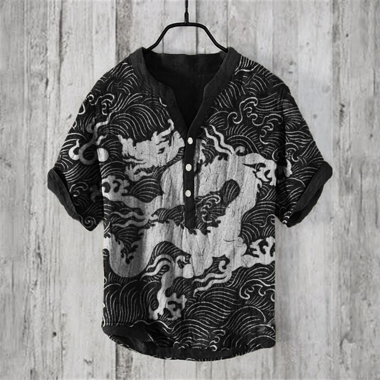 Men's Dragon Sea Waves Japanese Lino Art Linen Shirt
