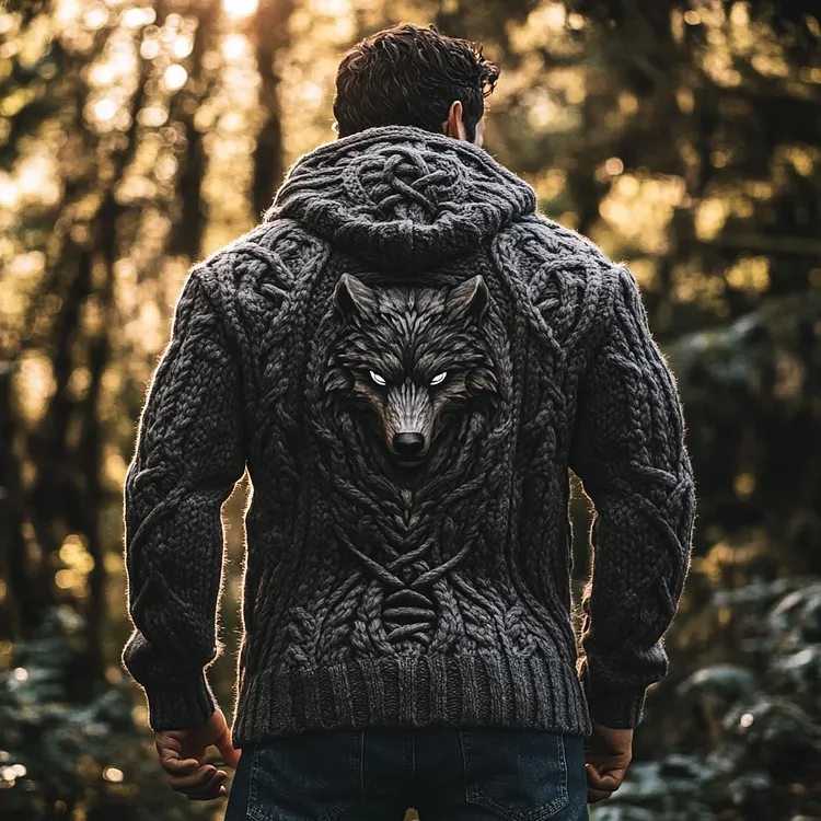 Men's Wolf Viking Chunky Knit Hooded Sweater