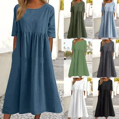 Round neck pocket halter cotton dress-Buy 2 Free Shipping